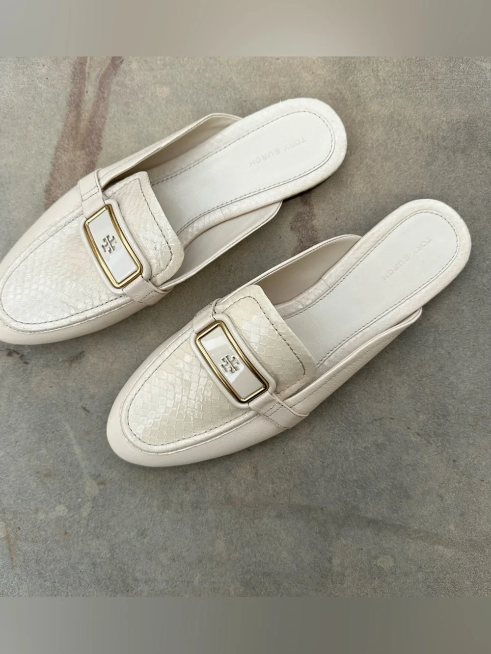 Tory Burch Georgia Backless Loafer Mules Cream Snake Embossed Logo Buckle NEW 10